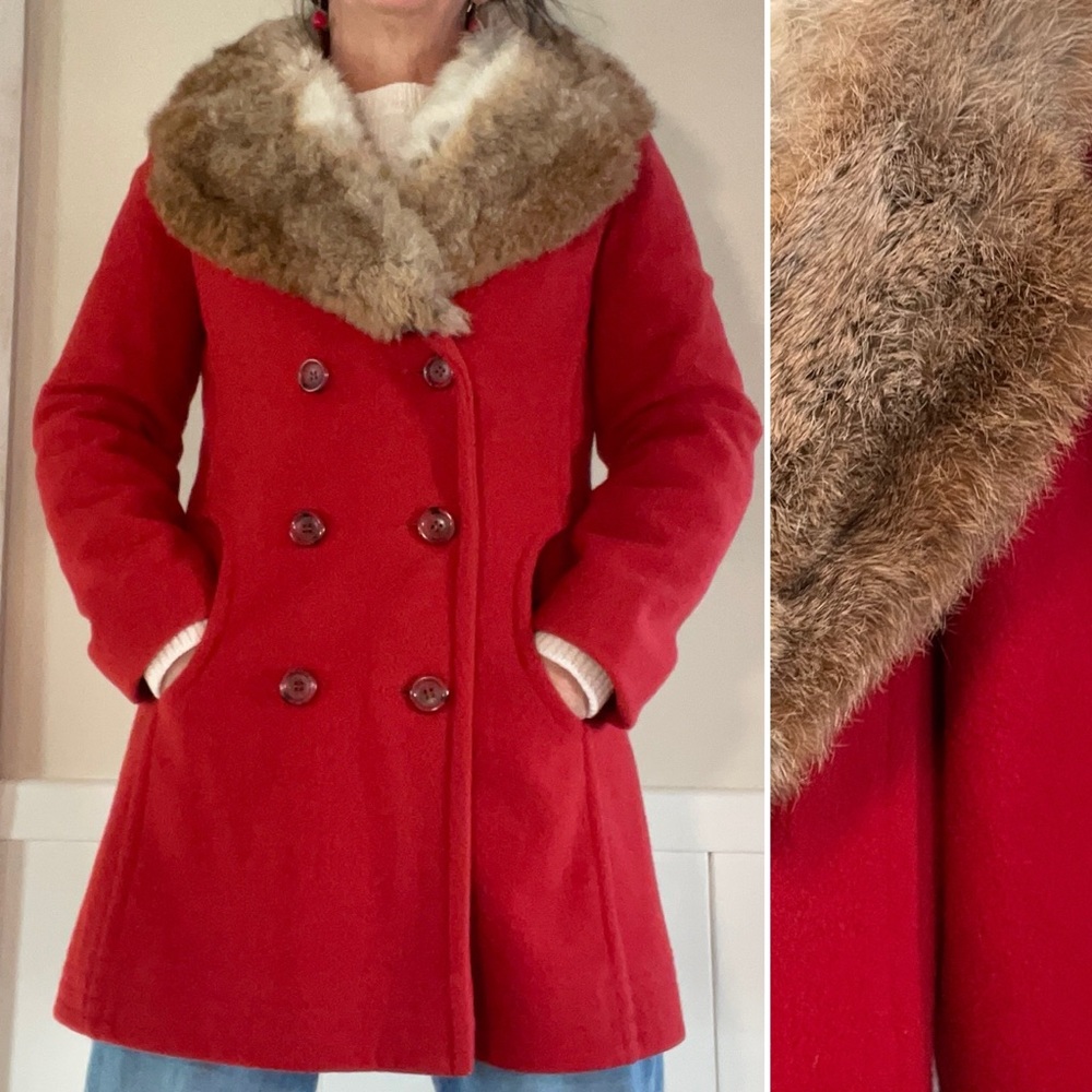 Vintage 50s 60s Red Wool Double Breasted Coat with Rabbit Fur Collar, xs / small